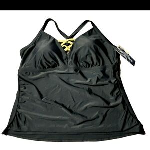 Aqua Couture Curvy Black Tankini Top with Yellow Accent Size XXL NWT